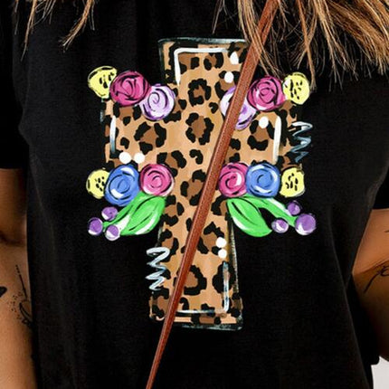 Leopard Cross Graphic Round Neck Short Sleeve T-Shirt