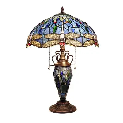 Dragonfly design 3 light Tiffany-style double lit table lamp