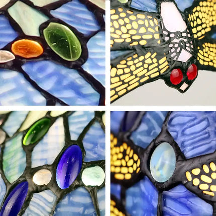 Dragonfly design 3 light Tiffany-style double lit table lamp