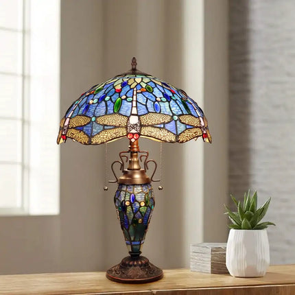 Dragonfly design 3 light Tiffany-style double lit table lamp