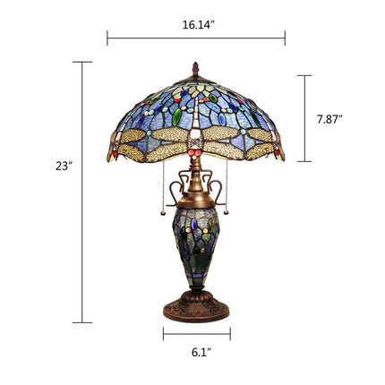 Dragonfly design 3 light Tiffany-style double lit table lamp