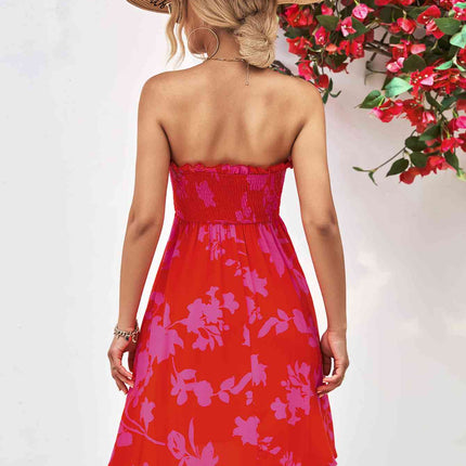 Floral Frill Trim Strapless Smocked Dress