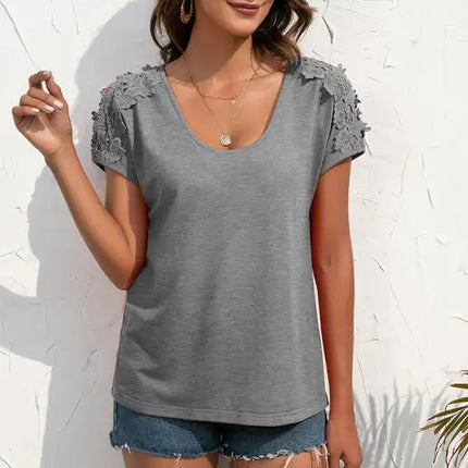 Women's Casual Lace Stitched V-Neck Pullover Short Sleeve Tops