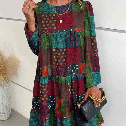 Patchwork Round Neck Long Sleeve Dress