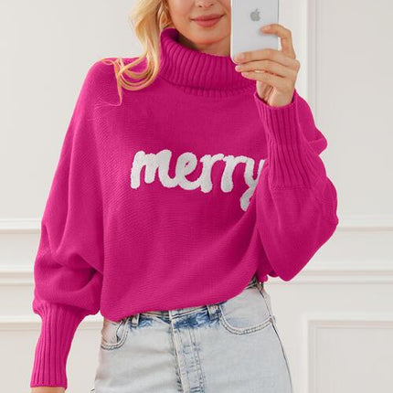 Merry Letter Embroidered High Neck Sweater - Vickie Lynn's