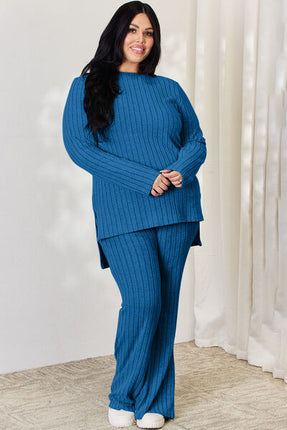 Basic Bae Full Size Ribbed High-Low Top and Wide Leg Pants Set - Vickie Lynn's