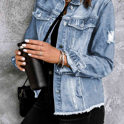Distressed Raw Hem Denim Jacket - Vickie Lynn's