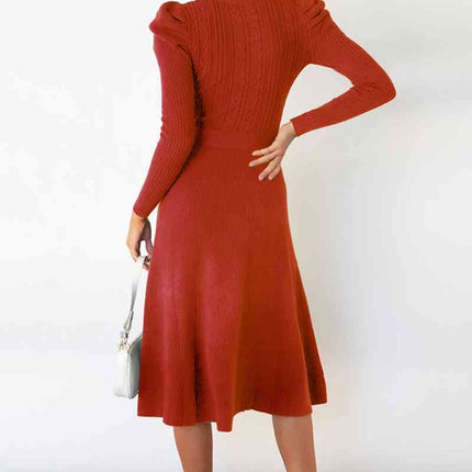 Round Neck Long Sleeve Tie Waist Sweater Dress