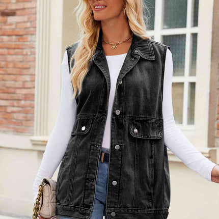 Button Up Collared Neck Denim Jacket with Pockets