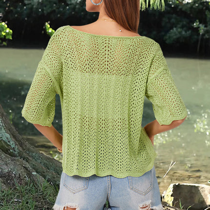 Openwork Round Neck Half Sleeve Knit Top