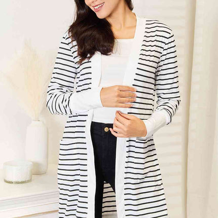 Double Take Striped Open Front Longline Cardigan - Vickie Lynn's