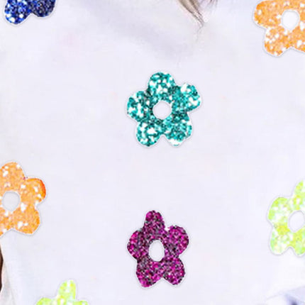 Sequin Flower Round Neck Short Sleeve T-Shirt
