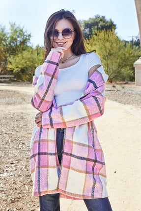 Double Take Full Size Plaid Button Up Lapel Collar Coat - Vickie Lynn's