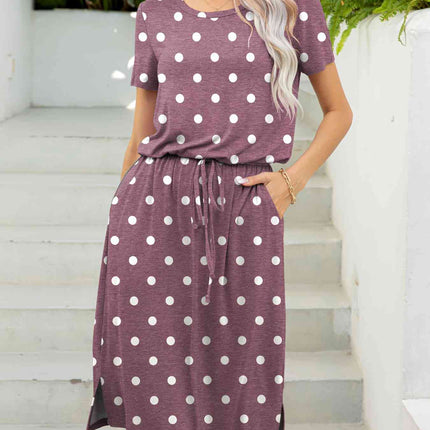 Round Neck Short Sleeve Slit Dress with Pockets