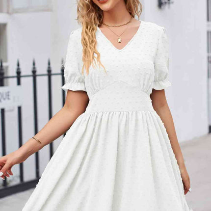 Swiss Dot Frill Trim Flounce Sleeve V-Neck Dress