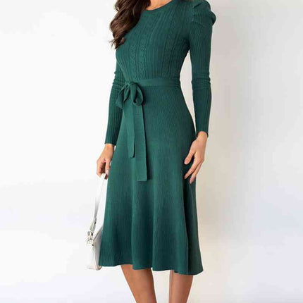 Round Neck Long Sleeve Tie Waist Sweater Dress