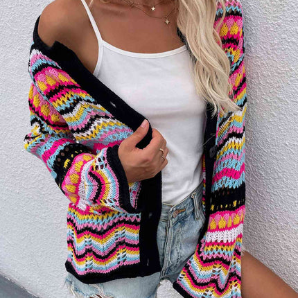 Chevron Stripes Openwork Cardigan