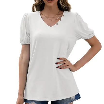 Women's Loose V-Neck Pullover Short Sleeve T-Shirt Solid Color Puff Sleeve Top