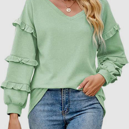 Ruffled V-Neck Long Sleeve T-Shirt