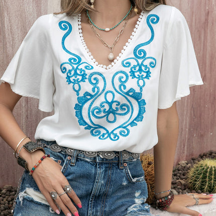 Graphic V-Neck Flutter Sleeve T-Shirt