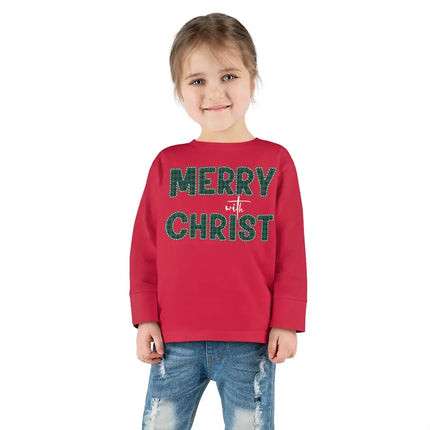Long Sleeve Graphic T-Shirt for Toddlers, Merry With Christ, Green Plaid Christmas Holiday Pattern Print