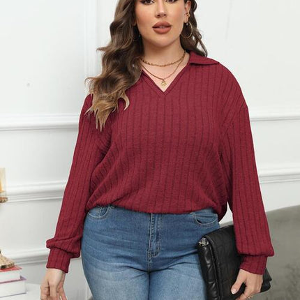 Plus Size Ribbed Collared Neck Long Sleeve Blouse