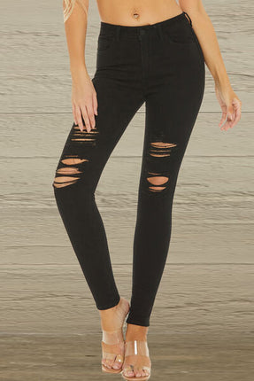 Distressed Mid-Rise Waist Jeans with Pockets