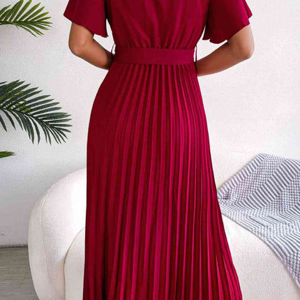 Pleated Flutter Sleeve Belted Dress - Vickie Lynn's