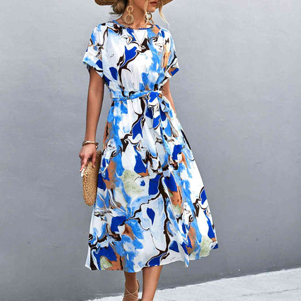 Round Neck Short Sleeve Tie Waist Midi Dress