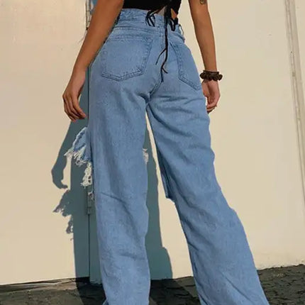 Vaqueros de pierna recta rasgados con personalidad suelta para mujer 