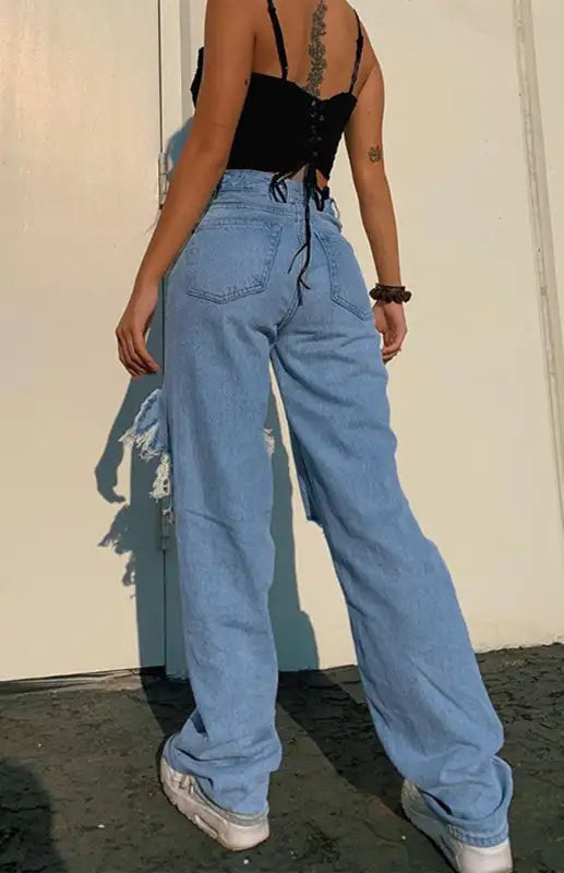 Vaqueros de pierna recta rasgados con personalidad suelta para mujer 
