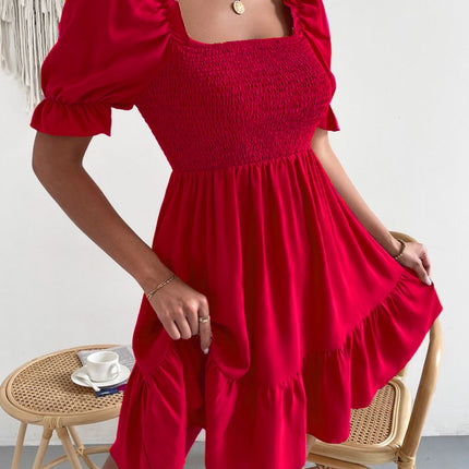Smocked Square Neck Short Sleeve Dress