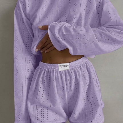 Eyelet Round Neck Top and Shorts Set