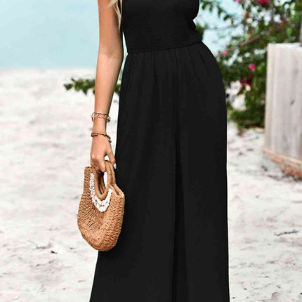 Frill Trim Tie Shoulder Wide Leg Jumpsuit with Pockets