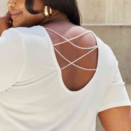 And The Why Pearly White Full Size Criss Cross Pearl Detail Open Back T-Shirt