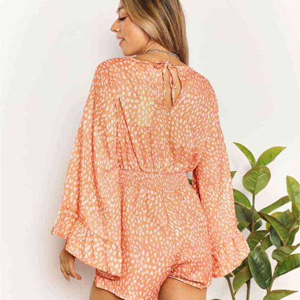 Double Take Printed Flare Sleeve Surplice Romper
