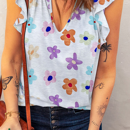 Printed Notched Cap Sleeve T-Shirt