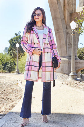 Double Take Full Size Plaid Button Up Lapel Collar Coat - Vickie Lynn's