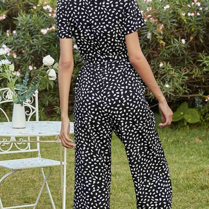 Printed V-Neck Short Sleeve Jumpsuit