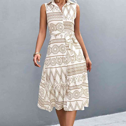 Printed Button Front Tie-Waist Sleeveless Collared Dress