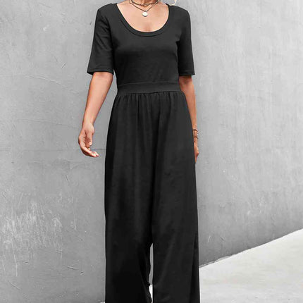 Scoop Neck Half Sleeve Wide Leg Jumpsuit