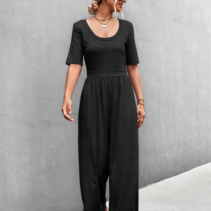 Scoop Neck Half Sleeve Wide Leg Jumpsuit