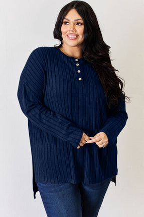 Basic Bae Full Size Ribbed Half Button Long Sleeve High-Low T-Shirt - Vickie Lynn's