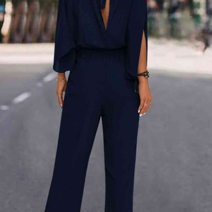 Tie Back Mock Neck Split Sleeve Jumpsuit