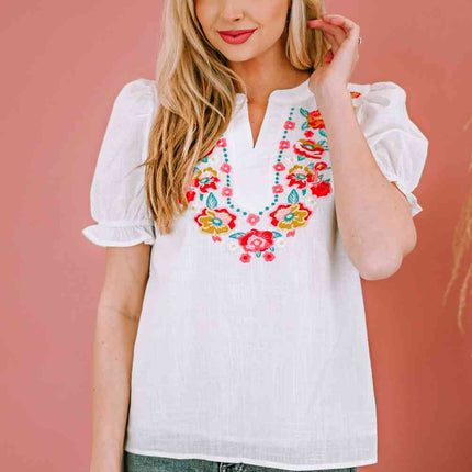 Embroidered Notched Neck Flounce Sleeve Top
