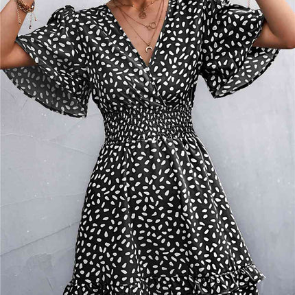 Printed Smocked Waist Layered Surplice Dress