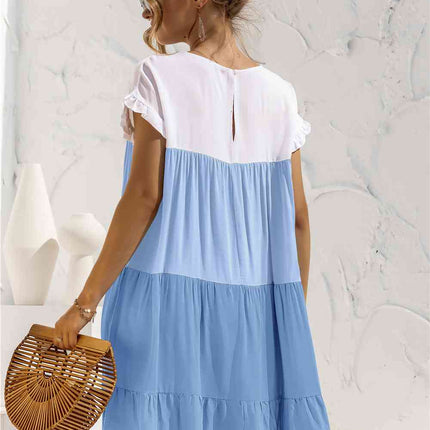 Color Block Round Neck Ruffle Hem Dress