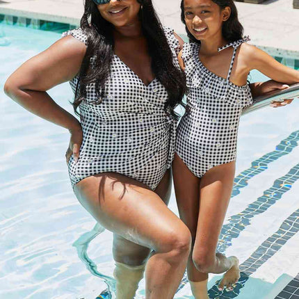 Marina West Swim Full Size Float On Ruffle Faux Wrap One-Piece in Black