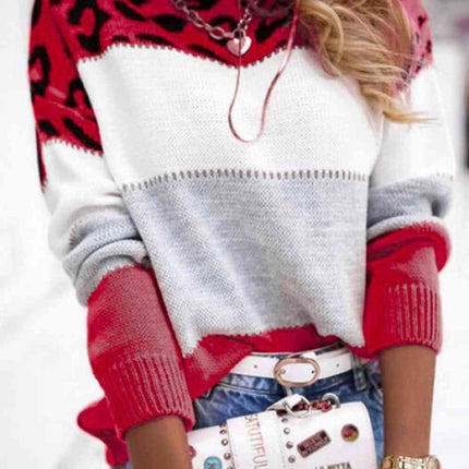 Full Size Round Neck Dropped Shoulder Color Block Sweater