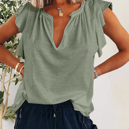 Ruffled Notched Cap Sleeve T-Shirt